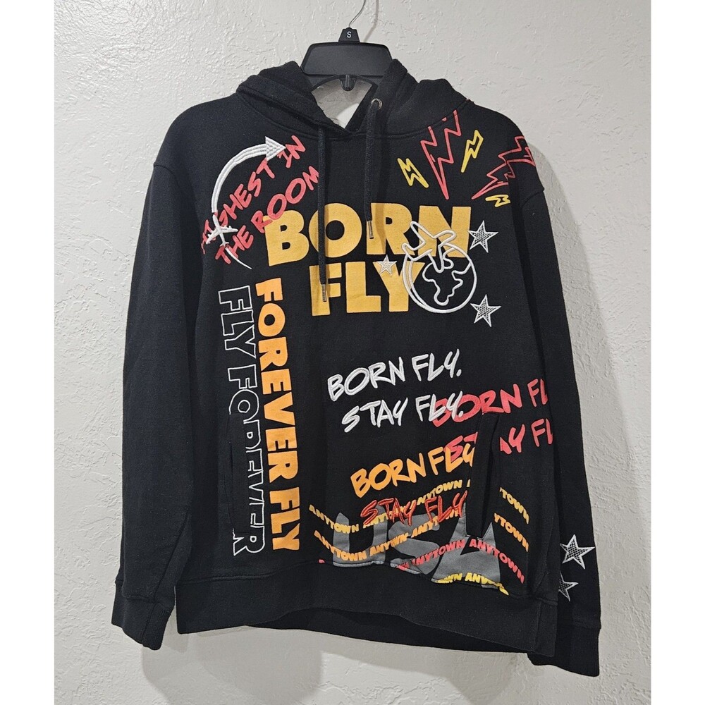 Born Fly Forever Fly Mens Black Graphic Hoodie Sweatshirt Large Streetwear